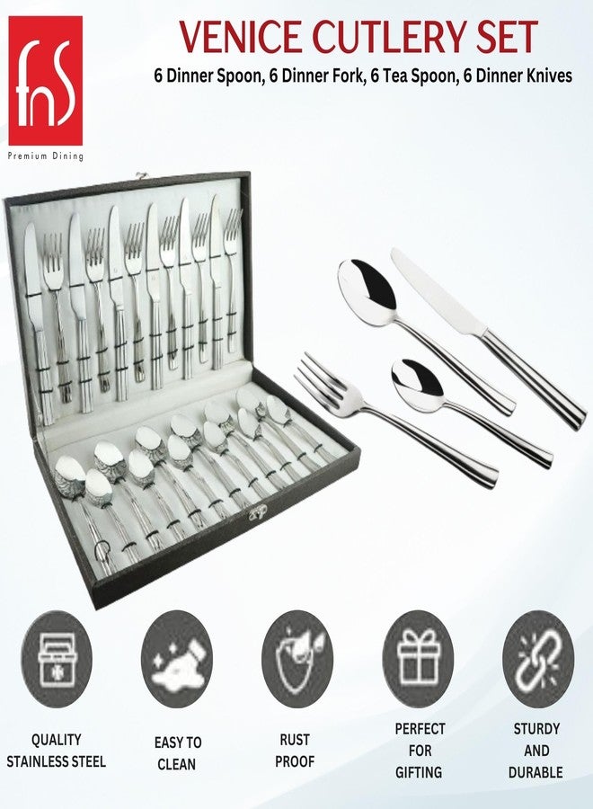 FnS Venice 24 Pc Stainless Steel Cutlery Set with Leatherette Box (6 Dinner Spoon, 6 Dinner Fork, 6 Tea Spoon, 6 Dinner Knives) - Image 3